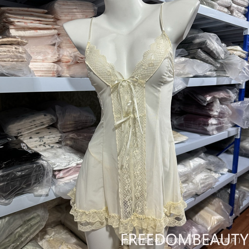 FREEDOMBEAUTY | 5095 mesh sex nightdress front open strap nightdress lace lace hollow suspender seduction Internet celebrity style nightdress strap