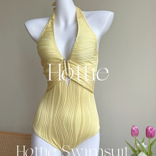 freedombeauty|New High-End Simple Elegant Striped One-Piece Swimsuit Slimming Beach Vacation Swimsuit Yellow Brightening Sexy Summer