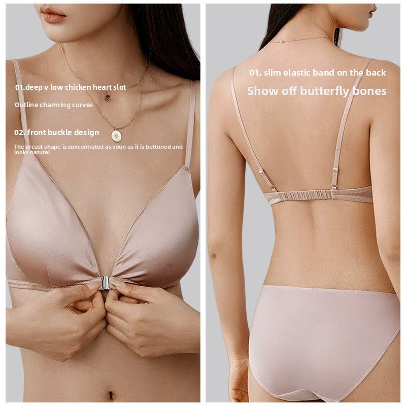 FREEDOMBEAUTY | mulberry silk new gold three-tower silk French underwear women's front buckle mulberry silk sexy deep V steel-rimless French bra