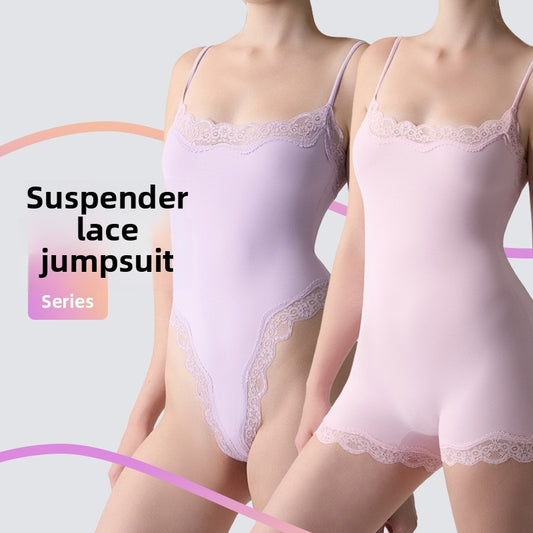 Freedombeauty | Summer Spice Girl Style Lace Edge Adjustable onesie tights inside vest double shapewear women's suspenders