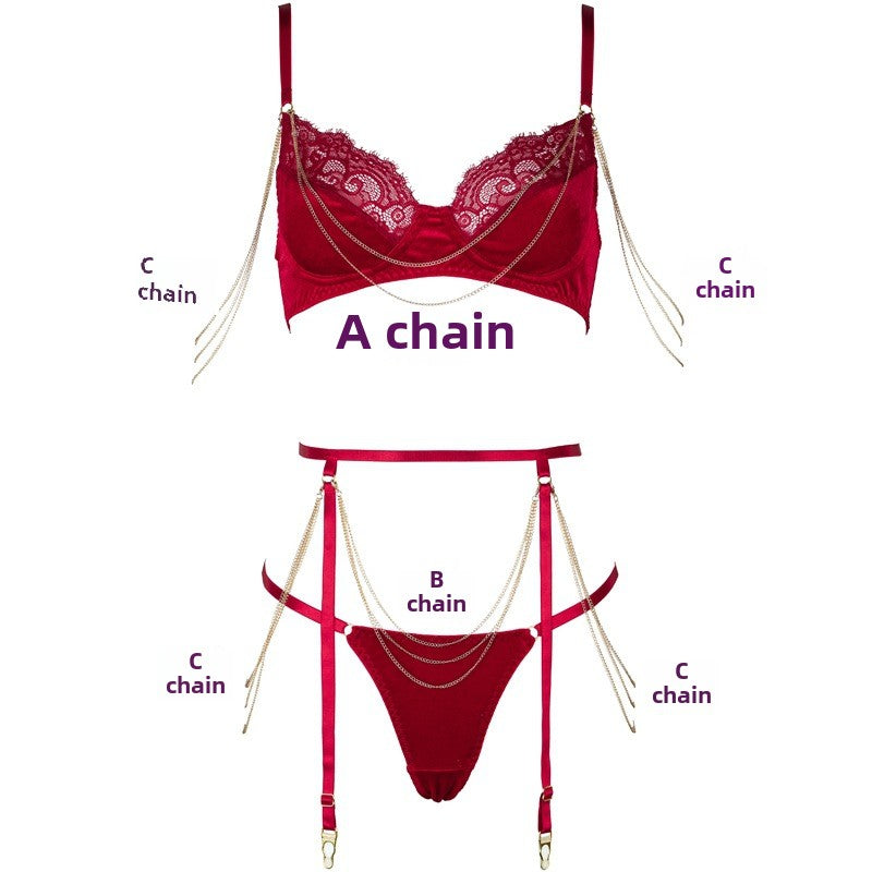 Freedombeauty | FQ2927 Premium Velvet Lace Removable Gold Chain Steel Pallet French Bra Set Low Waist Briefs